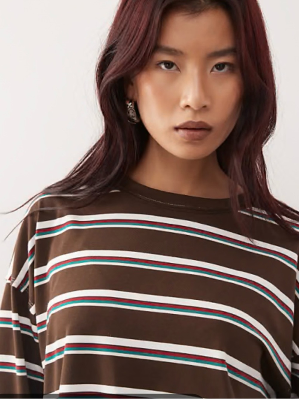 Lioness Brown Striped Long Sleeve Tee with White, Red, Teal Accents